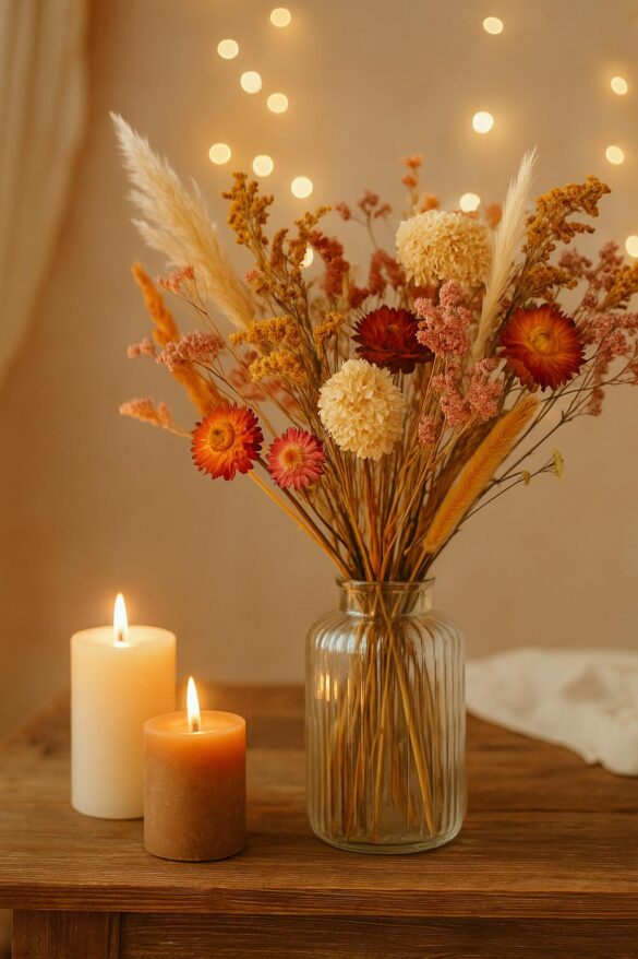 Herfstdecoratie met droogbloemen